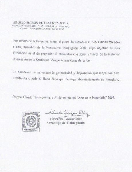 Carta del Señor Exmo. Don Ricardo Guizar Díaz